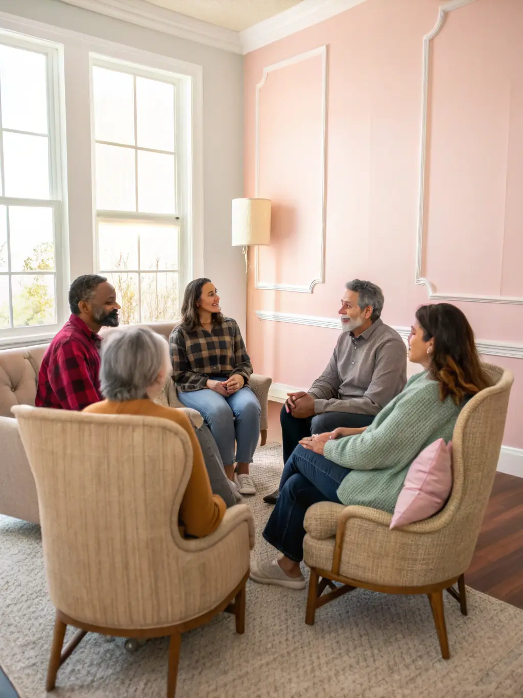 A supportive group therapy session with clients sharing their experiences and providing encouragement to one another at Lumina Behavioral Health.