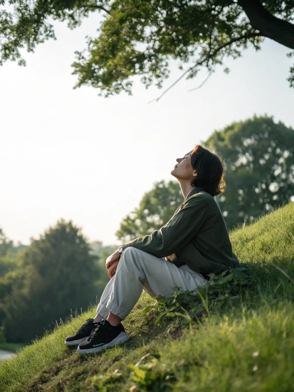 A serene image of a person practicing mindfulness meditation outdoors, bathed in soft sunlight, symbolizing the holistic approach to wellness at Lumina Behavioral Health.