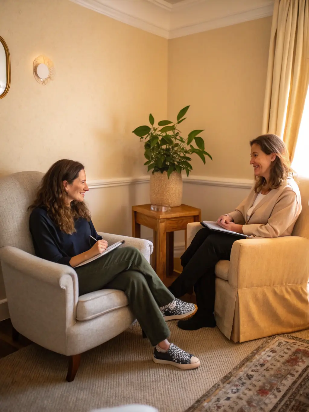 A serene image of a therapist in a one-on-one counseling session, providing empathetic support to a client in a comfortable setting at Lumina Behavioral Health.