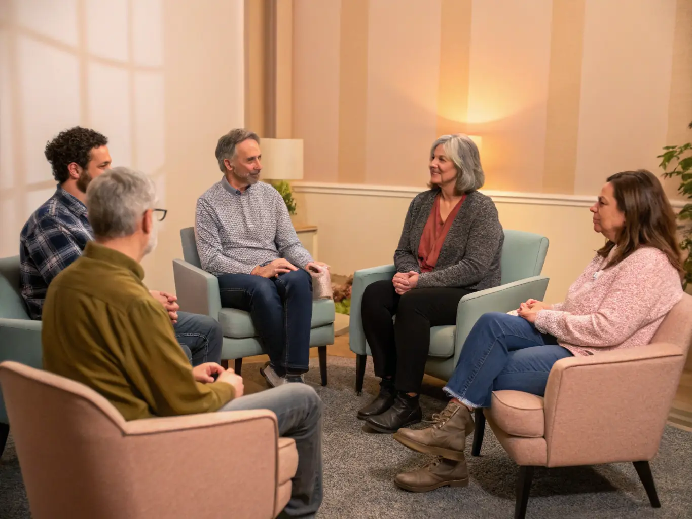 A group therapy session in a bright and comfortable room, symbolizing the support for mood disorders at Lumina Behavioral Health.