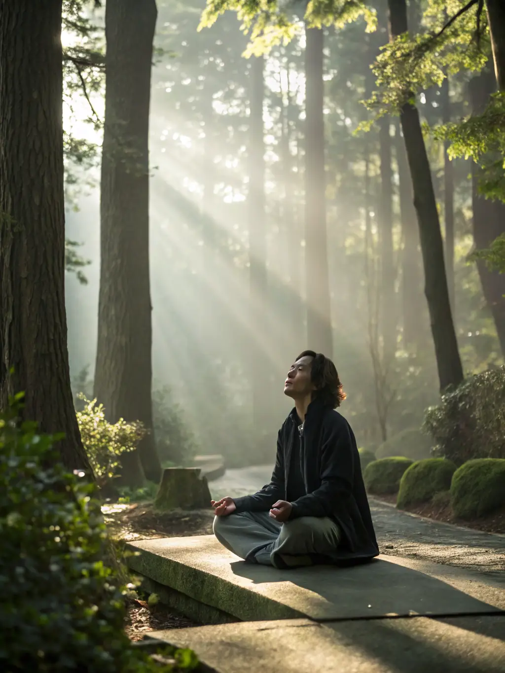 A scenic outdoor shot of clients engaging in a mindfulness exercise in a peaceful garden setting at Lumina Behavioral Health.